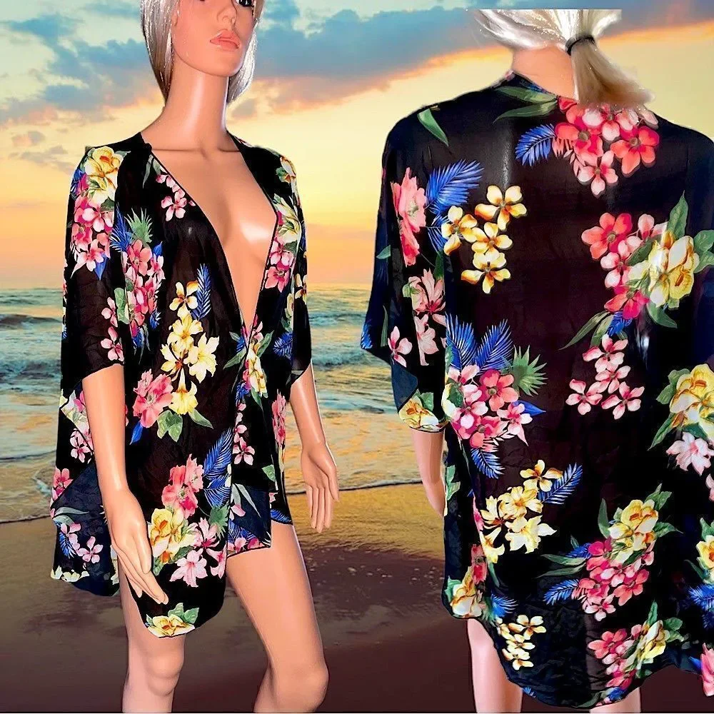 Emory Park l Black floral l Open Kimono l Sheer l Slitted l L l EUC
